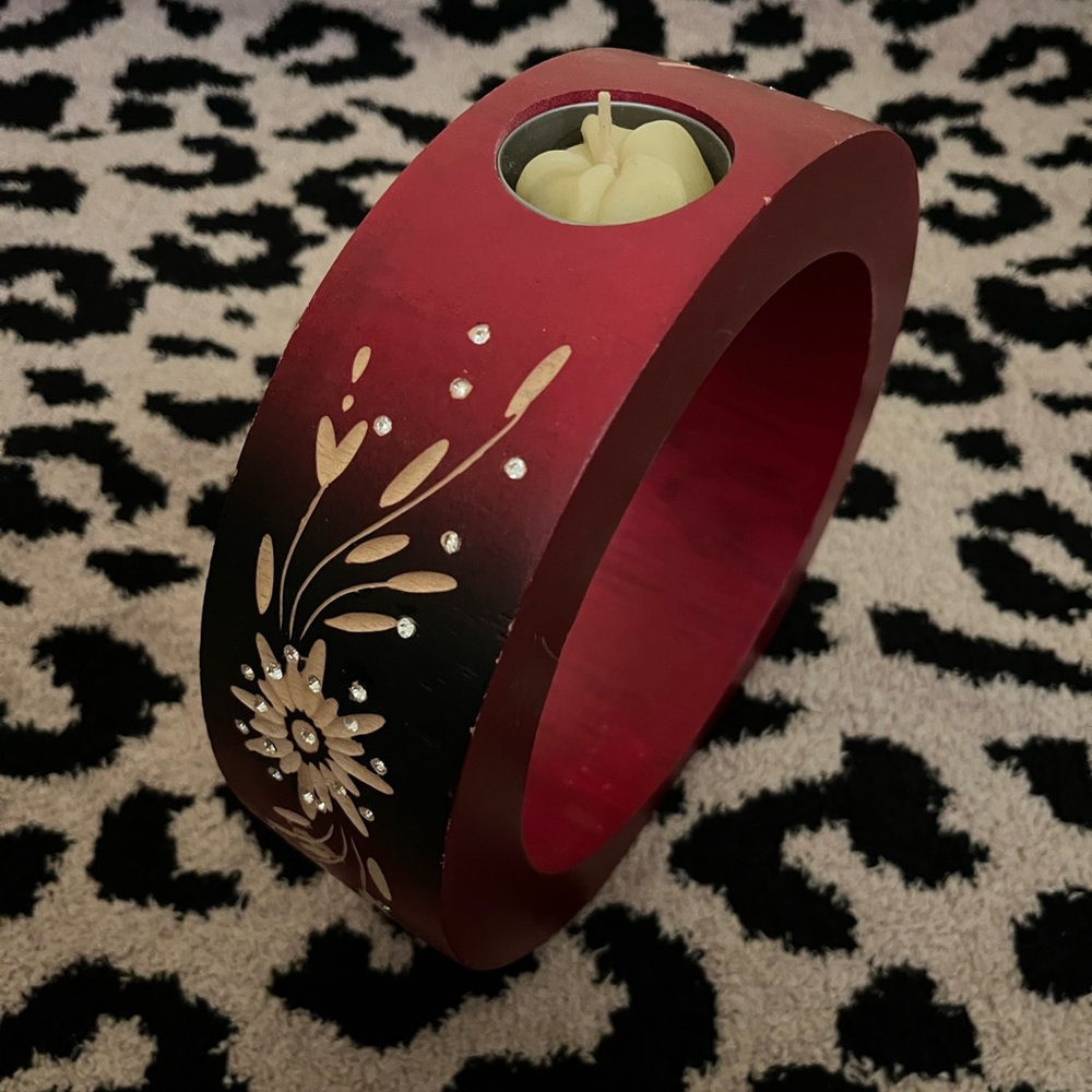 Red and Black Floral Rhinestone Candle Holder From Jamaica
